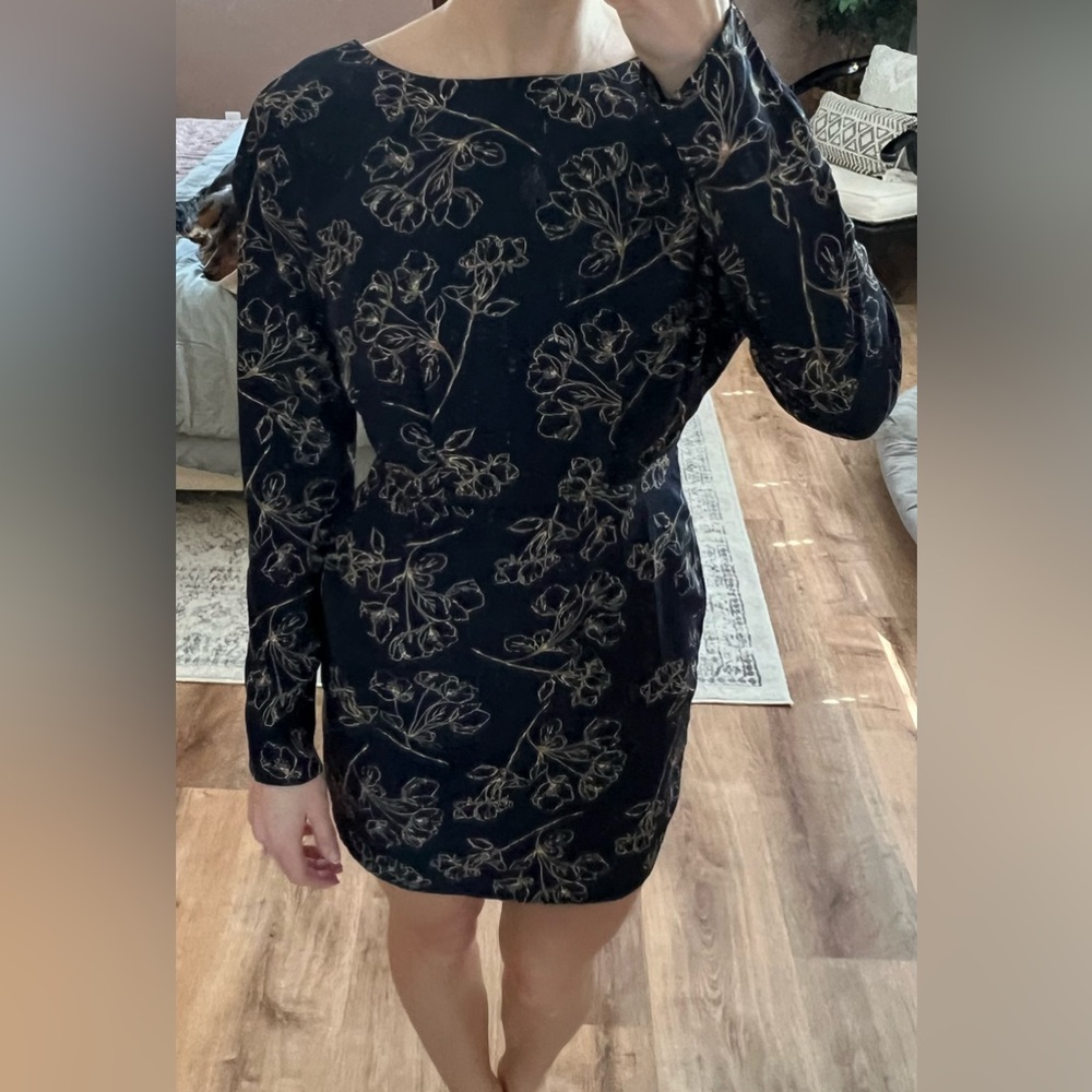 618 navy blue with tan flowers dress